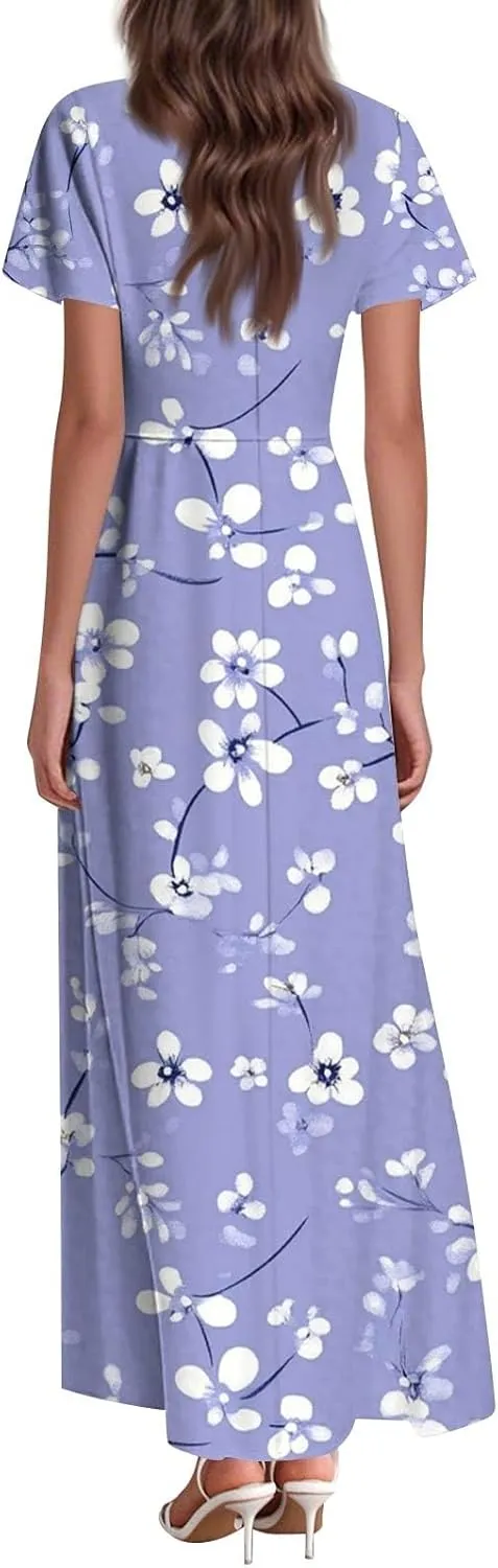 ZEFOTIM Maxi Dresses for Women 2025 Casual Floral Dress Short Sleeve V Neck Dresses