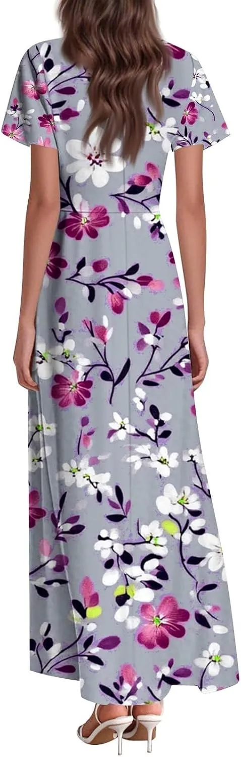 ZEFOTIM Maxi Dresses for Women 2025 Casual Floral Dress Short Sleeve V Neck Dresses