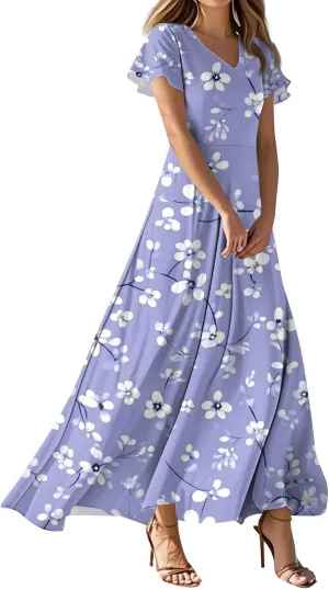 ZEFOTIM Maxi Dresses for Women 2025 Casual Floral Dress Short Sleeve V Neck Dresses