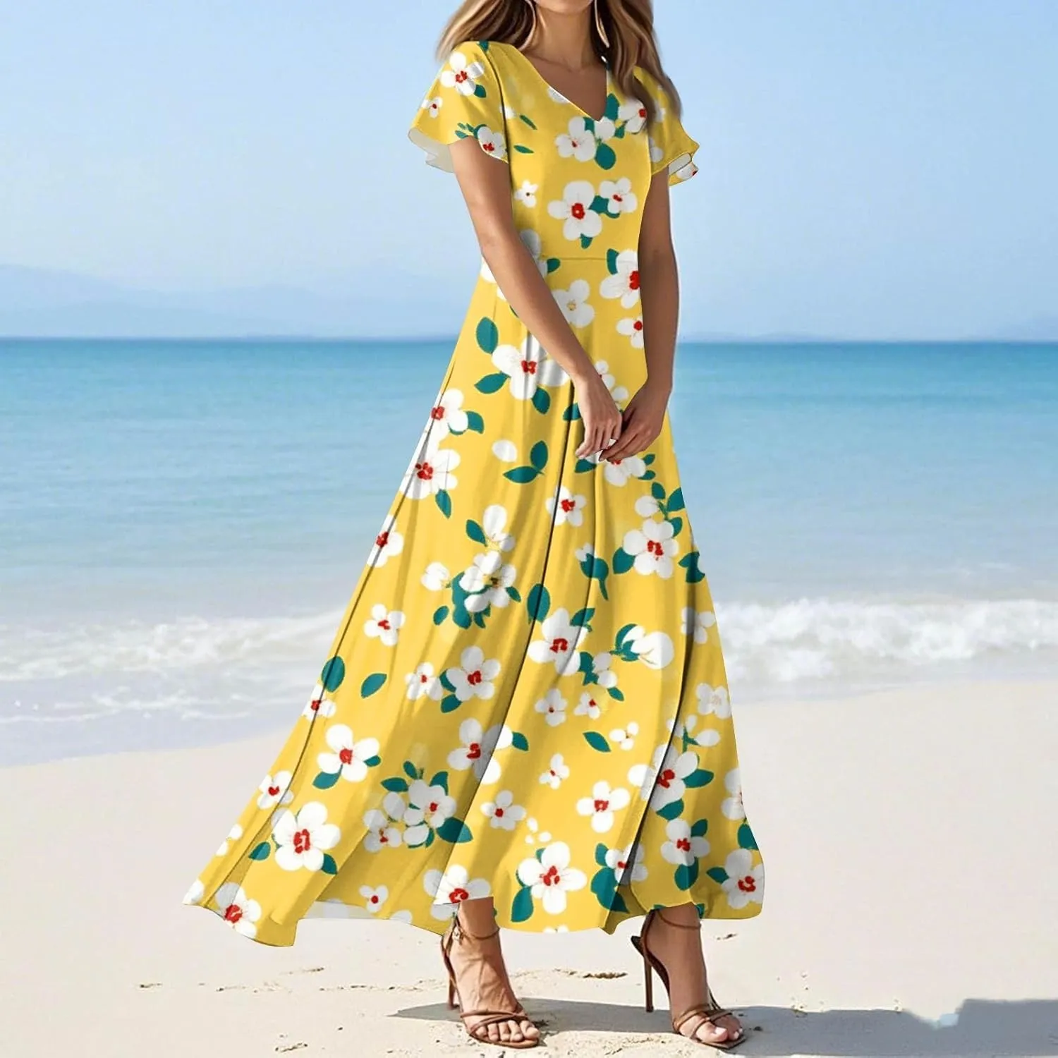 ZEFOTIM Maxi Dresses for Women 2025 Casual Floral Dress Short Sleeve V Neck Dresses