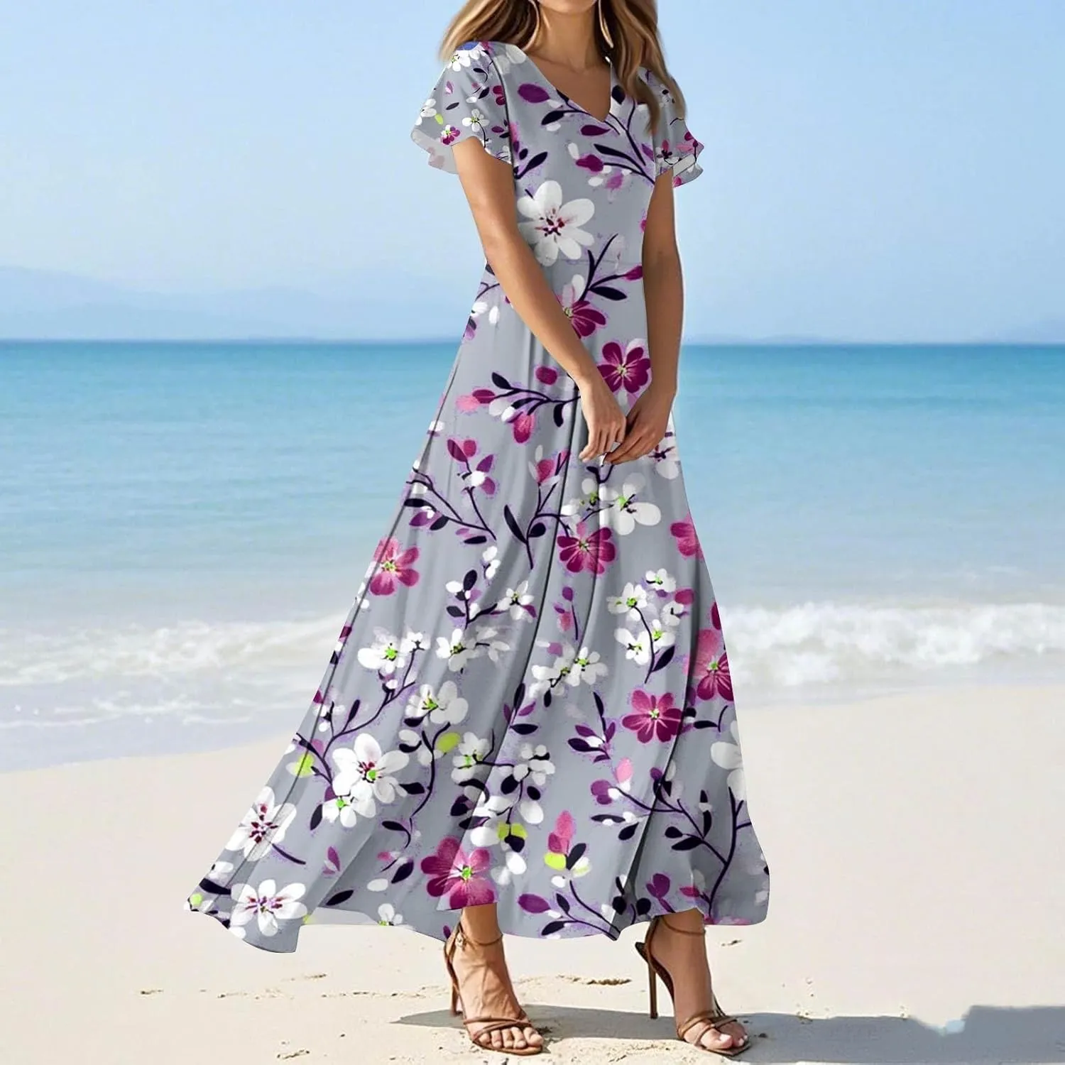 ZEFOTIM Maxi Dresses for Women 2025 Casual Floral Dress Short Sleeve V Neck Dresses