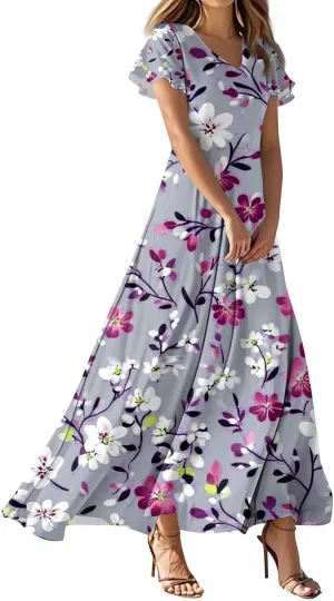 ZEFOTIM Maxi Dresses for Women 2025 Casual Floral Dress Short Sleeve V Neck Dresses
