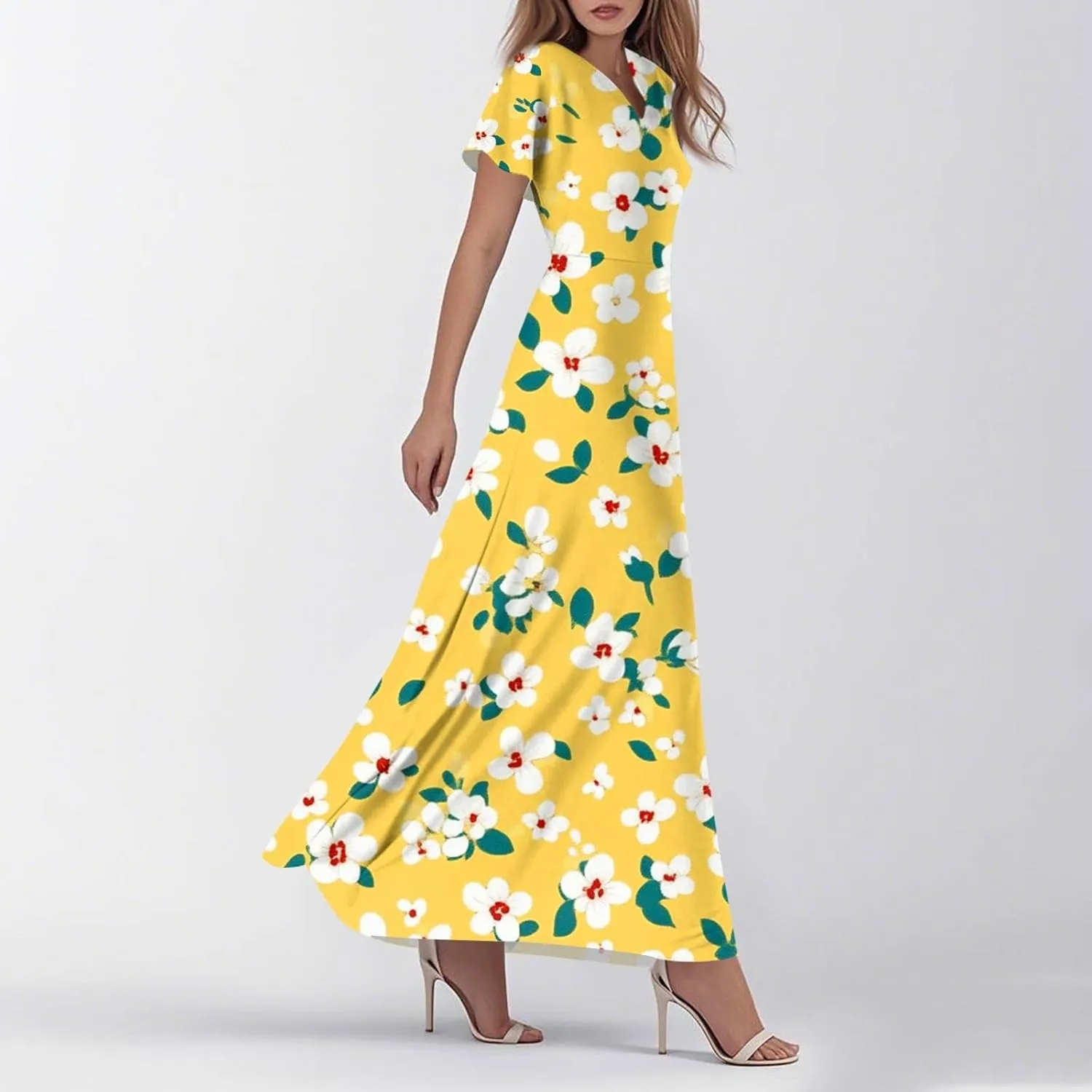 ZEFOTIM Maxi Dresses for Women 2025 Casual Floral Dress Short Sleeve V Neck Dresses
