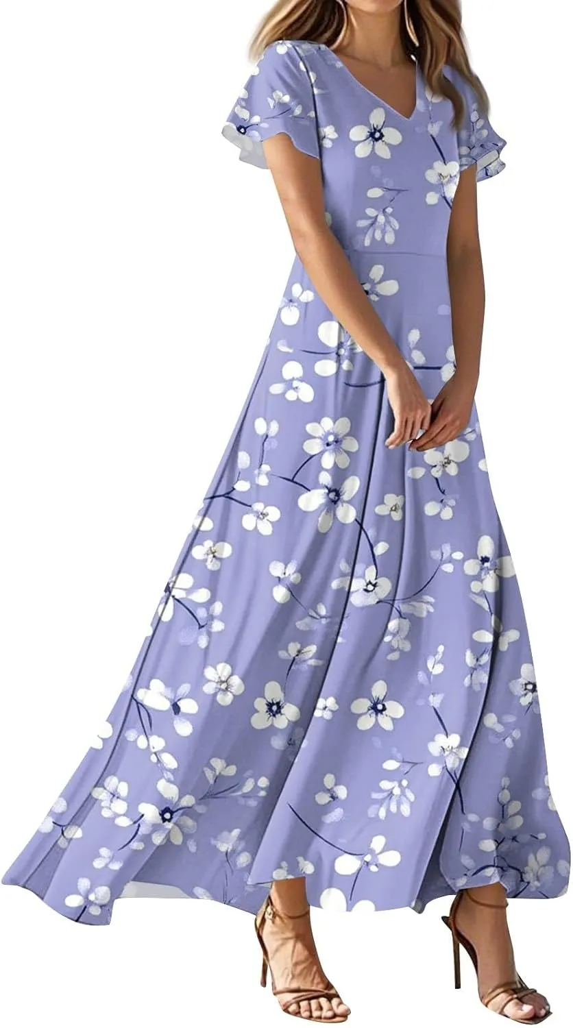ZEFOTIM Maxi Dresses for Women 2025 Casual Floral Dress Short Sleeve V Neck Dresses