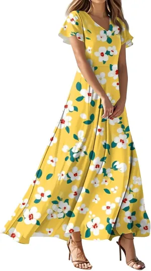 ZEFOTIM Maxi Dresses for Women 2025 Casual Floral Dress Short Sleeve V Neck Dresses