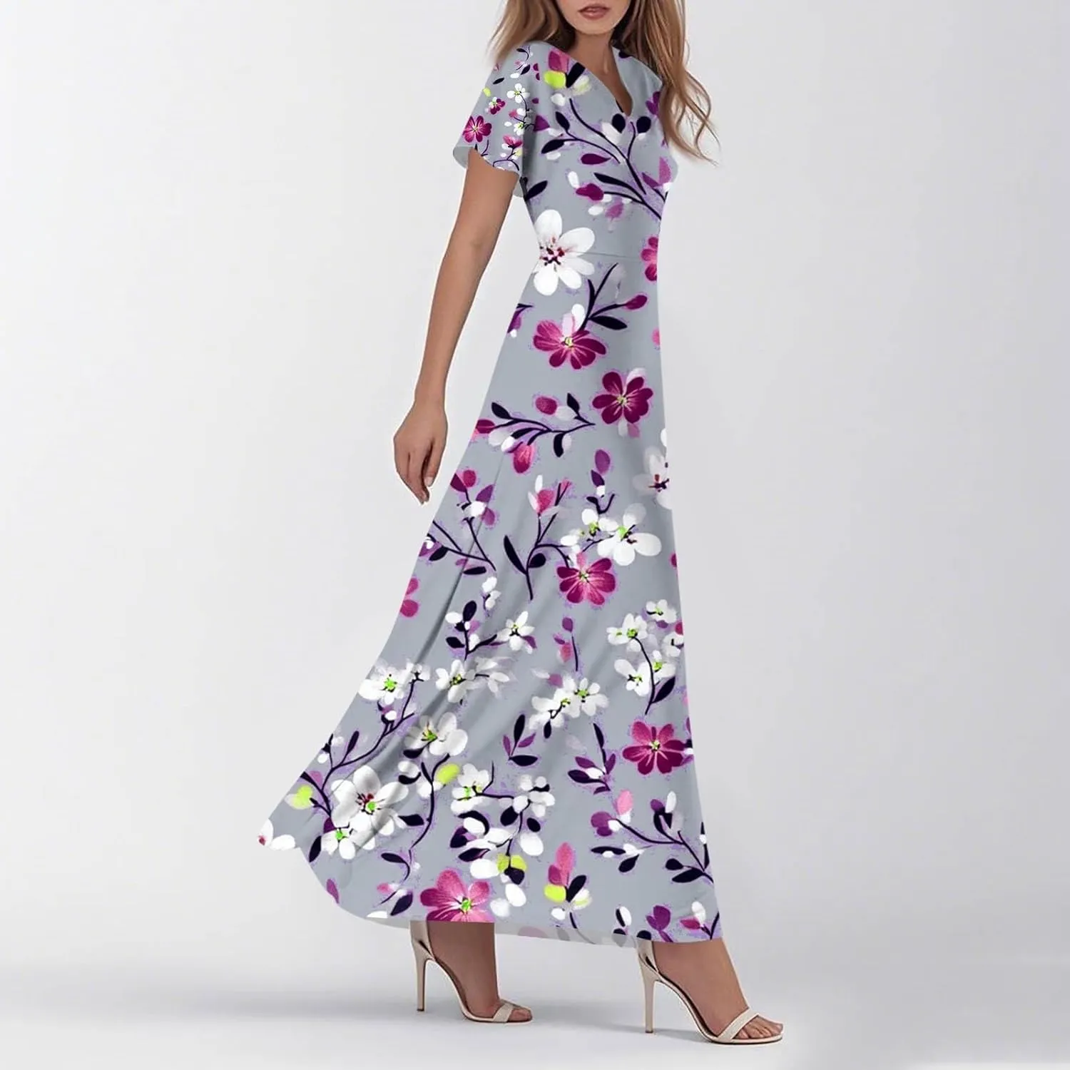 ZEFOTIM Maxi Dresses for Women 2025 Casual Floral Dress Short Sleeve V Neck Dresses