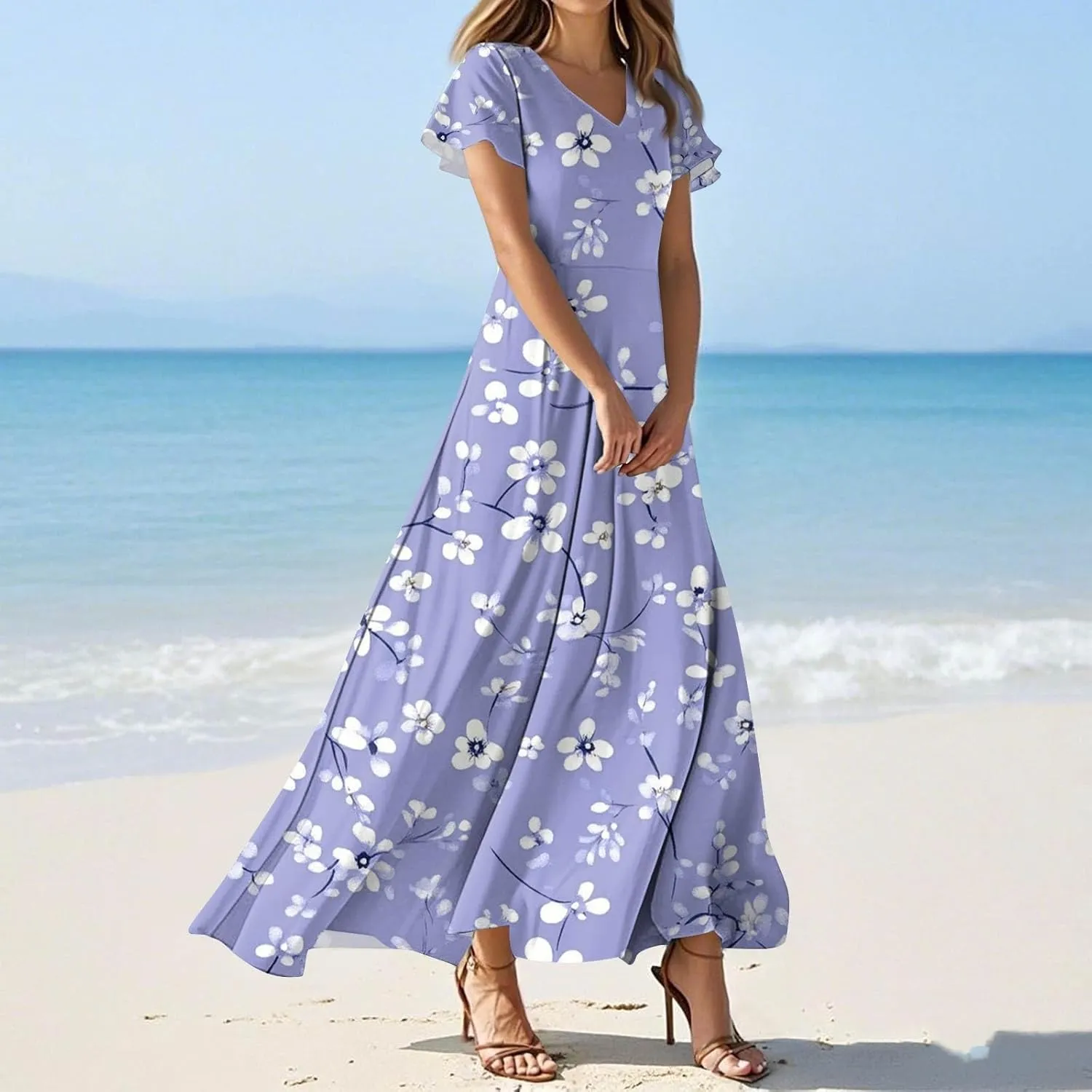 ZEFOTIM Maxi Dresses for Women 2025 Casual Floral Dress Short Sleeve V Neck Dresses