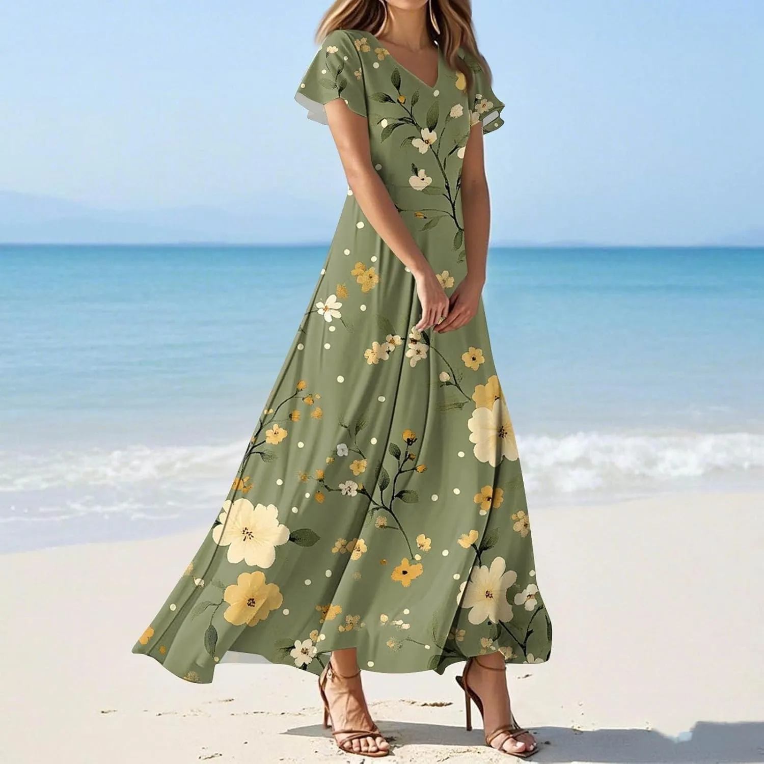 ZEFOTIM Maxi Dresses for Women 2025 Cocktail Floral Dress Short Sleeve V Neck Dresses