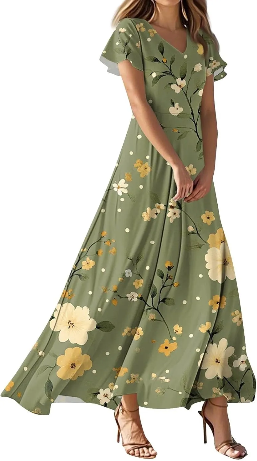ZEFOTIM Maxi Dresses for Women 2025 Cocktail Floral Dress Short Sleeve V Neck Dresses