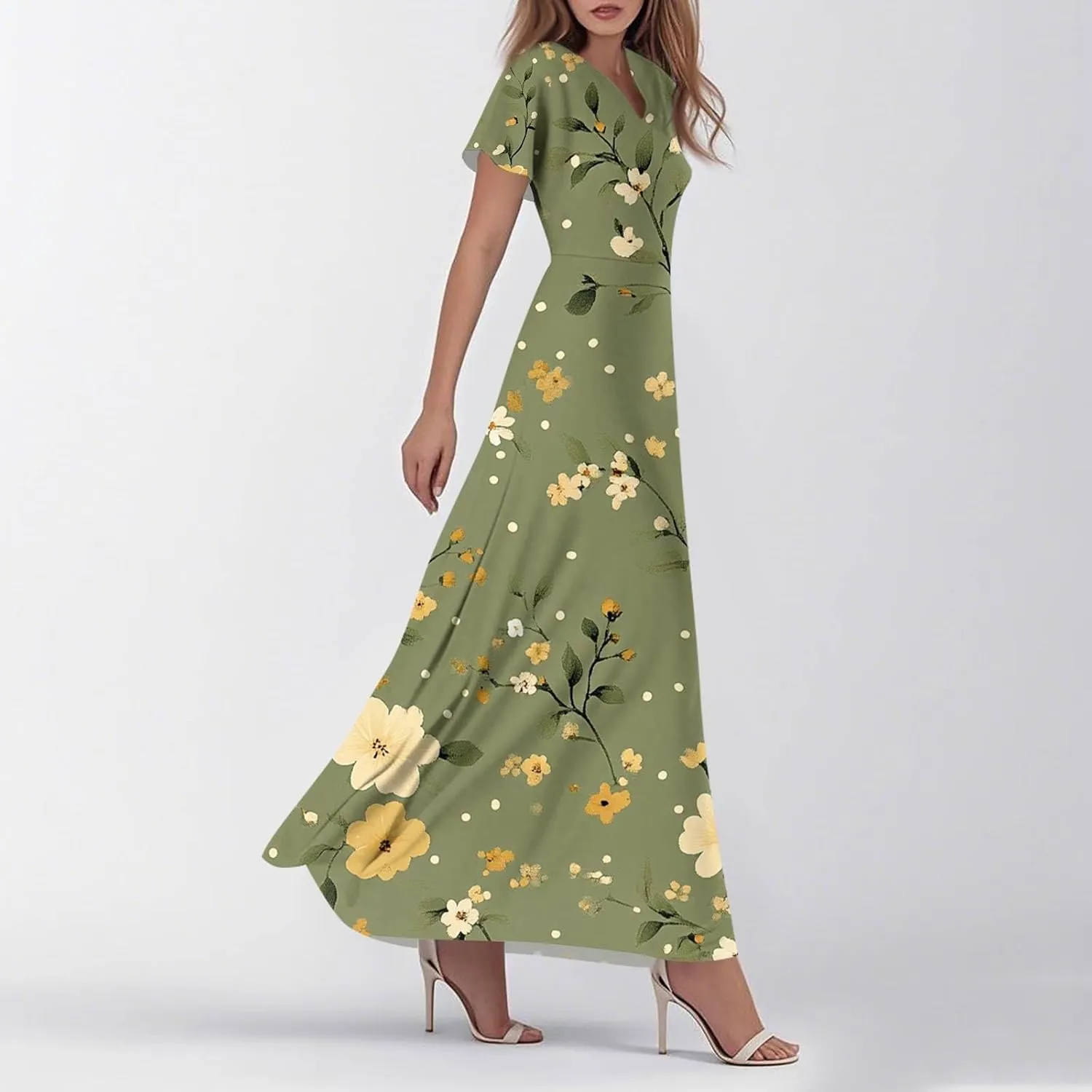 ZEFOTIM Maxi Dresses for Women 2025 Cocktail Floral Dress Short Sleeve V Neck Dresses