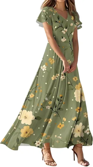 ZEFOTIM Maxi Dresses for Women 2025 Cocktail Floral Dress Short Sleeve V Neck Dresses