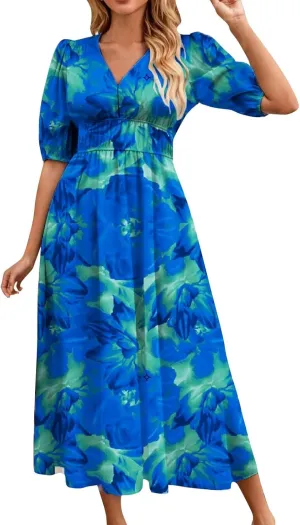 ZEFOTIM Maxi Dresses for Women 2025 Fashion Floral Dress Short Sleeve V Neck Dresses
