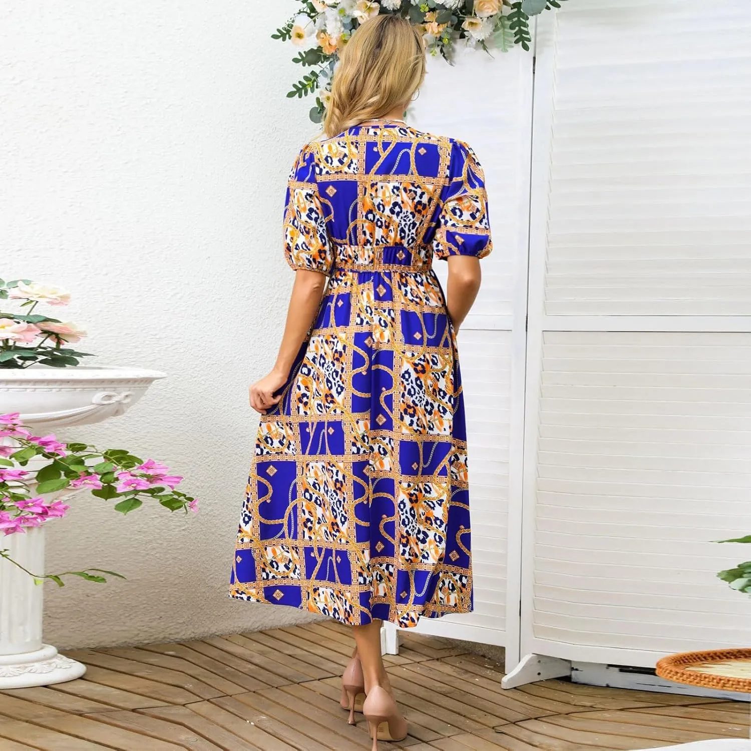 ZEFOTIM Maxi Dresses for Women 2025 Fashion Floral Dress Short Sleeve V Neck Dresses