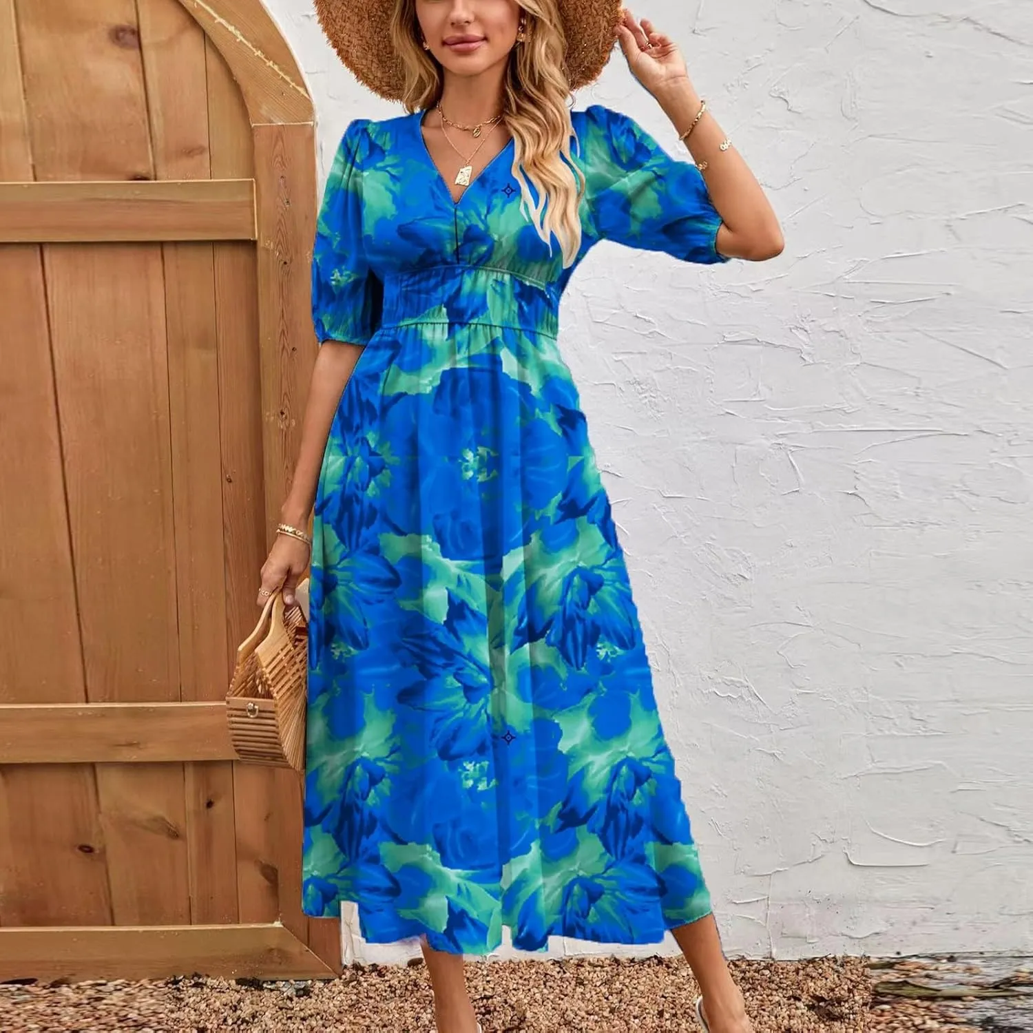 ZEFOTIM Maxi Dresses for Women 2025 Fashion Floral Dress Short Sleeve V Neck Dresses