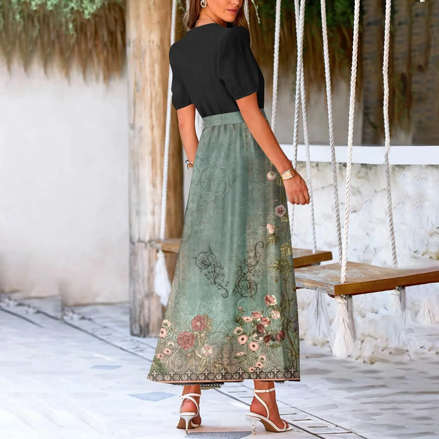 ZEFOTIM Maxi Dresses for Women 2025 Flowy Floral Dress Short Sleeve V Neck Dresses with Slit