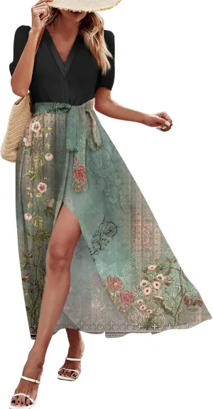 ZEFOTIM Maxi Dresses for Women 2025 Flowy Floral Dress Short Sleeve V Neck Dresses with Slit