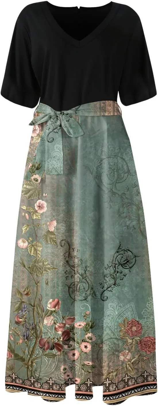 ZEFOTIM Maxi Dresses for Women 2025 Flowy Floral Dress Short Sleeve V Neck Dresses with Slit