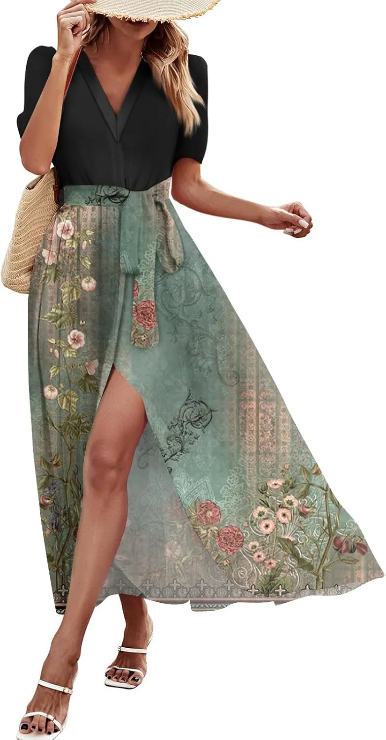 ZEFOTIM Maxi Dresses for Women 2025 Flowy Floral Dress Short Sleeve V Neck Dresses with Slit