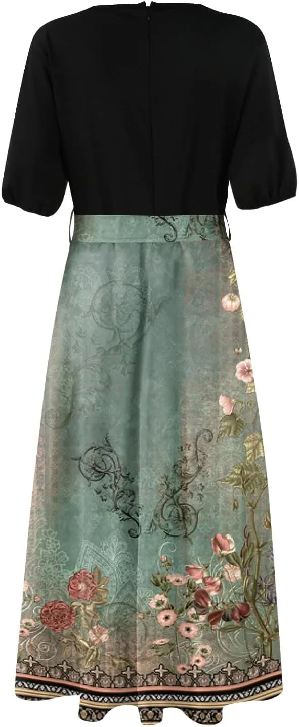 ZEFOTIM Maxi Dresses for Women 2025 Flowy Floral Dress Short Sleeve V Neck Dresses with Slit