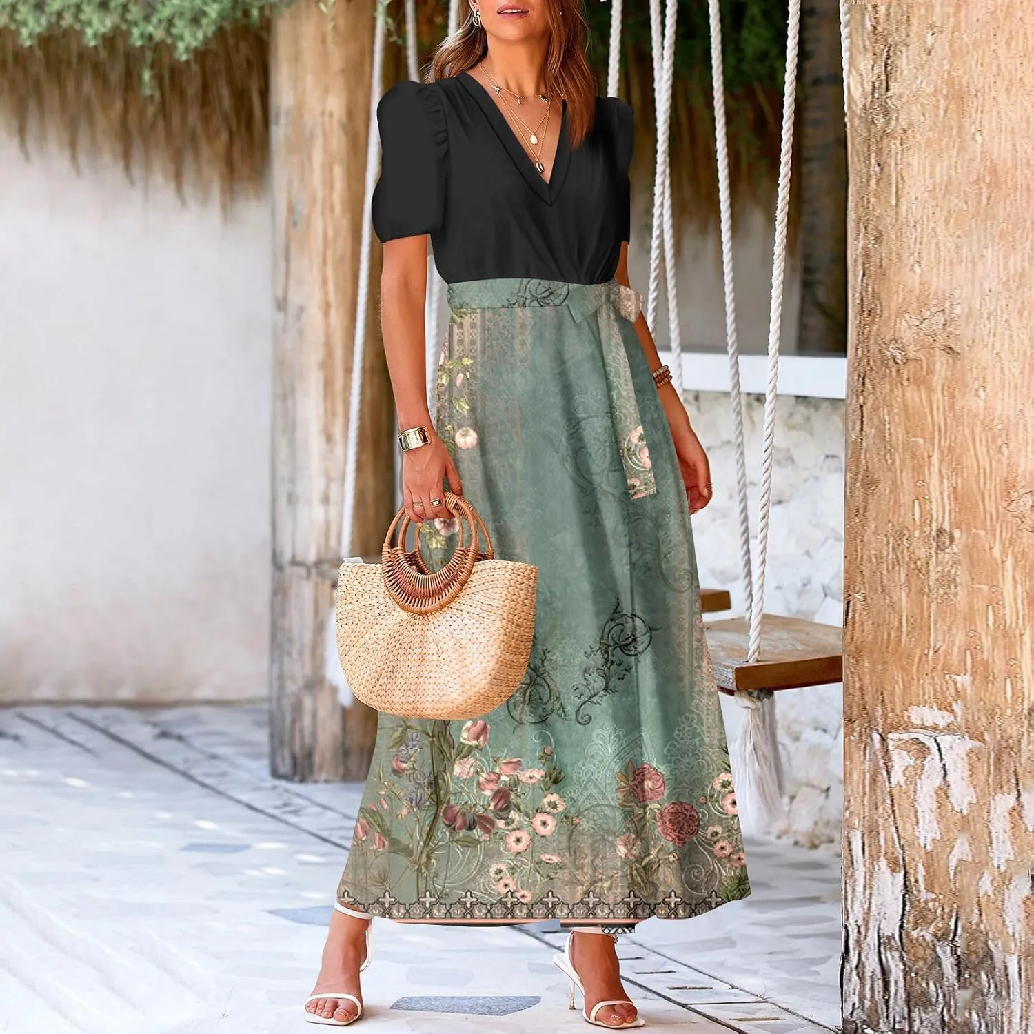 ZEFOTIM Maxi Dresses for Women 2025 Flowy Floral Dress Short Sleeve V Neck Dresses with Slit
