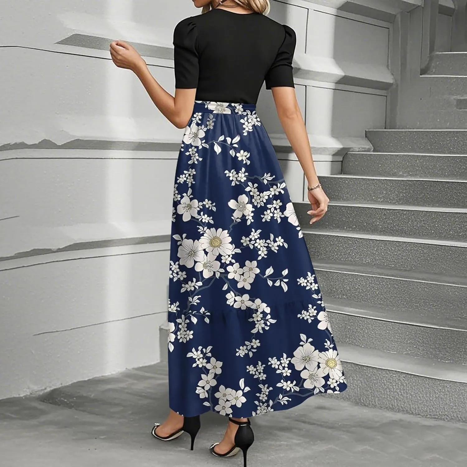ZEFOTIM Women's Maxi Dress Casual Floral Dress Short Sleeve Crew Neck Dresses with Belt