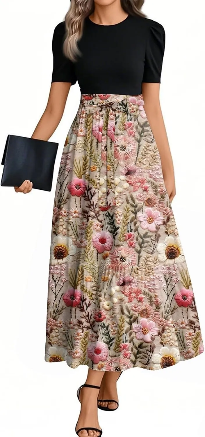 ZEFOTIM Women's Maxi Dress Casual Floral Dress Short Sleeve Crew Neck Dresses with Belt
