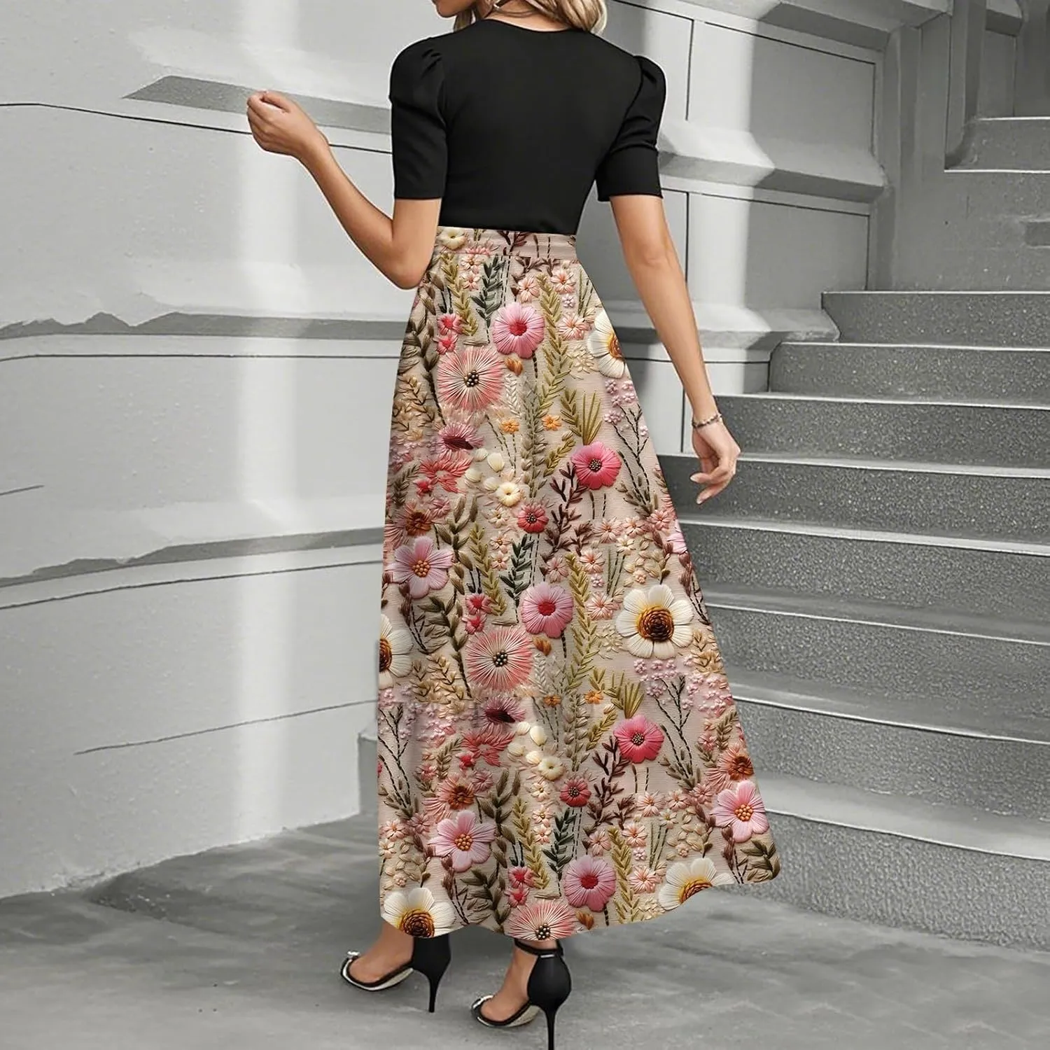ZEFOTIM Women's Maxi Dress Casual Floral Dress Short Sleeve Crew Neck Dresses with Belt
