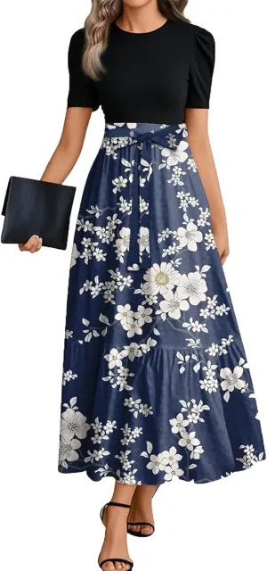 ZEFOTIM Women's Maxi Dress Casual Floral Dress Short Sleeve Crew Neck Dresses with Belt