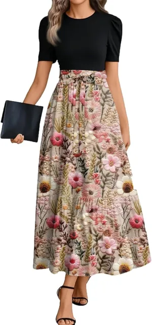 ZEFOTIM Women's Maxi Dress Casual Floral Dress Short Sleeve Crew Neck Dresses with Belt