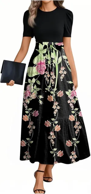 ZEFOTIM Women's Maxi Dress Cute Floral Dress Short Sleeve Crew Neck Dresses with Belt