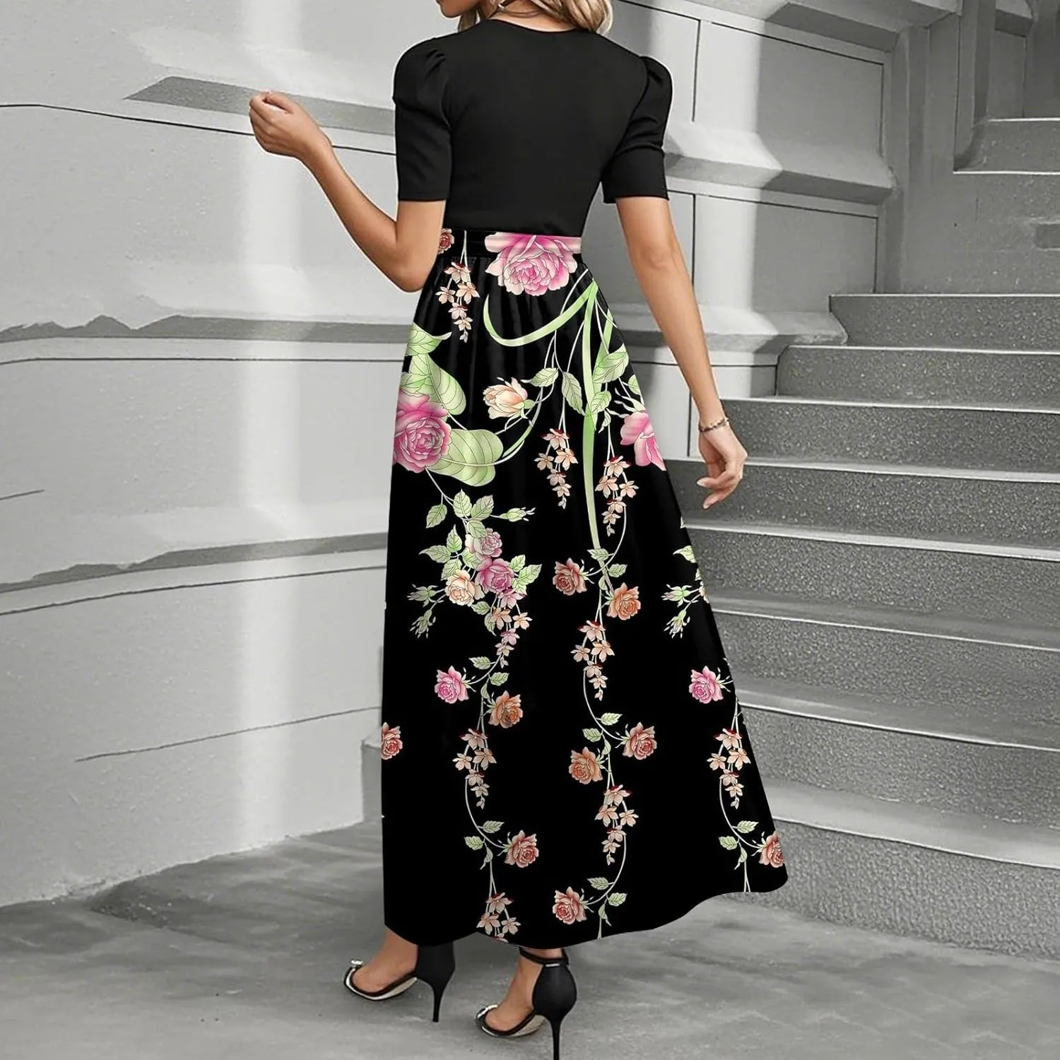 ZEFOTIM Women's Maxi Dress Cute Floral Dress Short Sleeve Crew Neck Dresses with Belt
