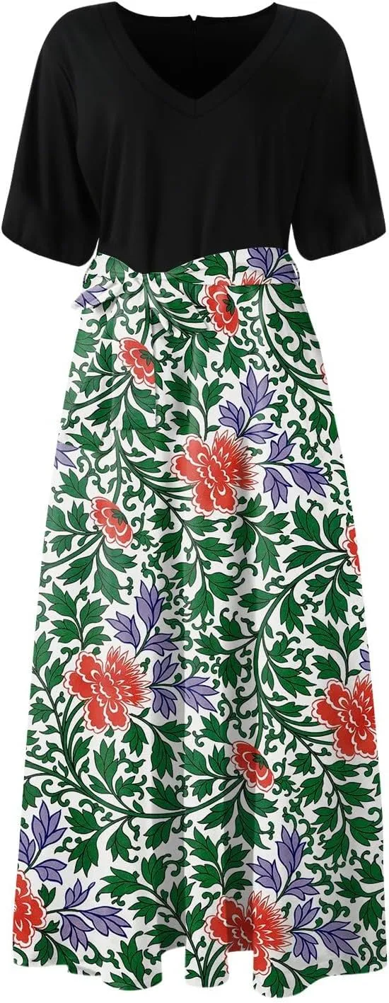 ZEFOTIM Women's Maxi Dress Cute Floral Dress Short Sleeve V Neck Dresses with Slit
