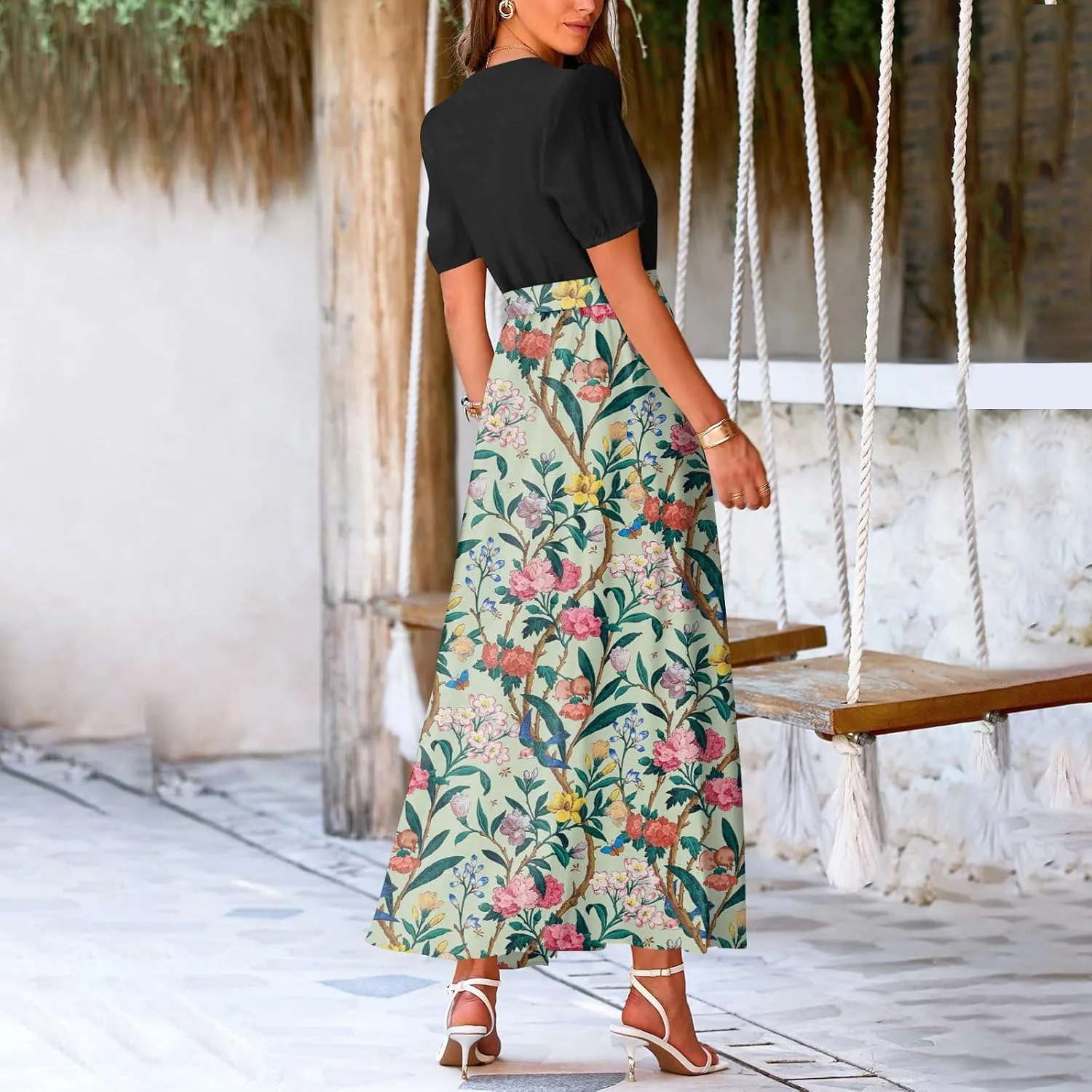 ZEFOTIM Women's Maxi Dress Cute Floral Dress Short Sleeve V Neck Dresses with Slit
