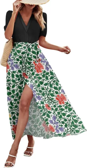 ZEFOTIM Women's Maxi Dress Cute Floral Dress Short Sleeve V Neck Dresses with Slit