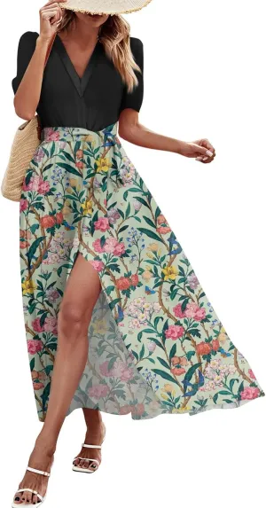 ZEFOTIM Women's Maxi Dress Cute Floral Dress Short Sleeve V Neck Dresses with Slit