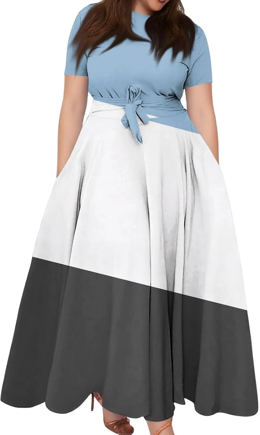 ZEFOTIM Women's Maxi Dress Plus Size Sexy Striped Dress Short Sleeve Crew Neck Dresses