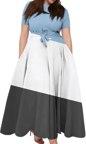 ZEFOTIM Women's Maxi Dress Plus Size Sexy Striped Dress Short Sleeve Crew Neck Dresses