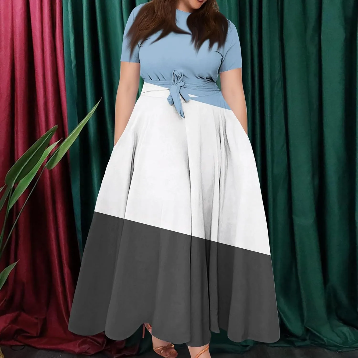 ZEFOTIM Women's Maxi Dress Plus Size Sexy Striped Dress Short Sleeve Crew Neck Dresses