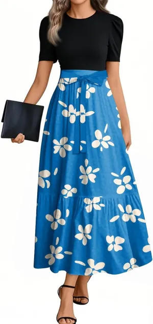 ZEFOTIM Women's Maxi Dress Vacation Floral Dress Short Sleeve Crew Neck Dresses with Belt