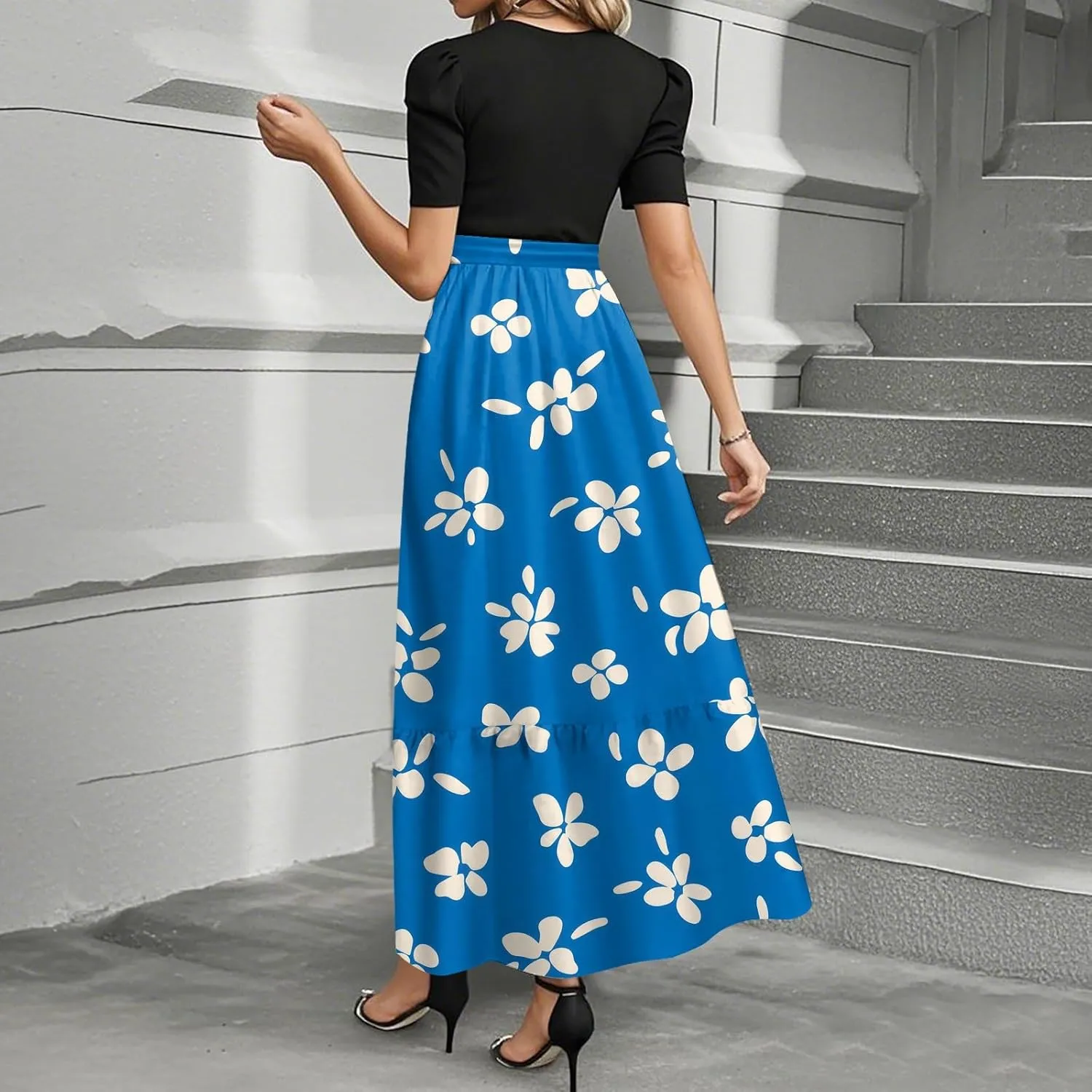 ZEFOTIM Women's Maxi Dress Vacation Floral Dress Short Sleeve Crew Neck Dresses with Belt