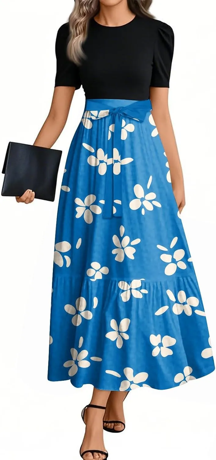 ZEFOTIM Women's Maxi Dress Vacation Floral Dress Short Sleeve Crew Neck Dresses with Belt