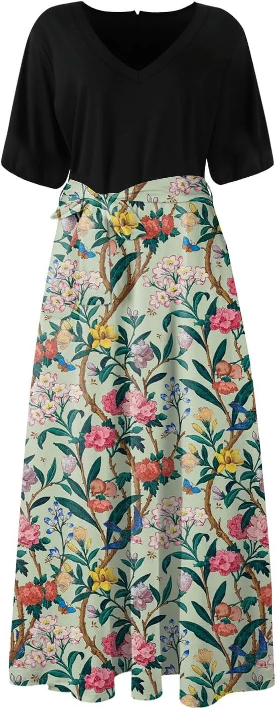 ZEFOTIM Women's Maxi Dress Work Floral Dress Short Sleeve V Neck Dresses with Slit