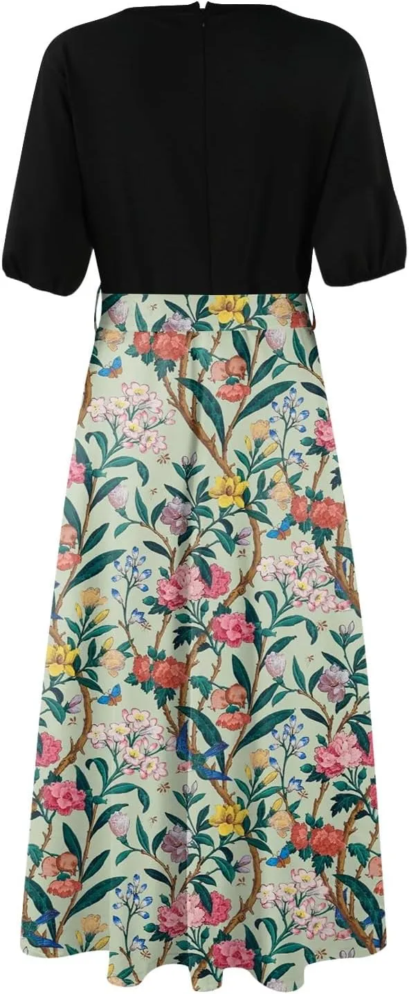 ZEFOTIM Women's Maxi Dress Work Floral Dress Short Sleeve V Neck Dresses with Slit