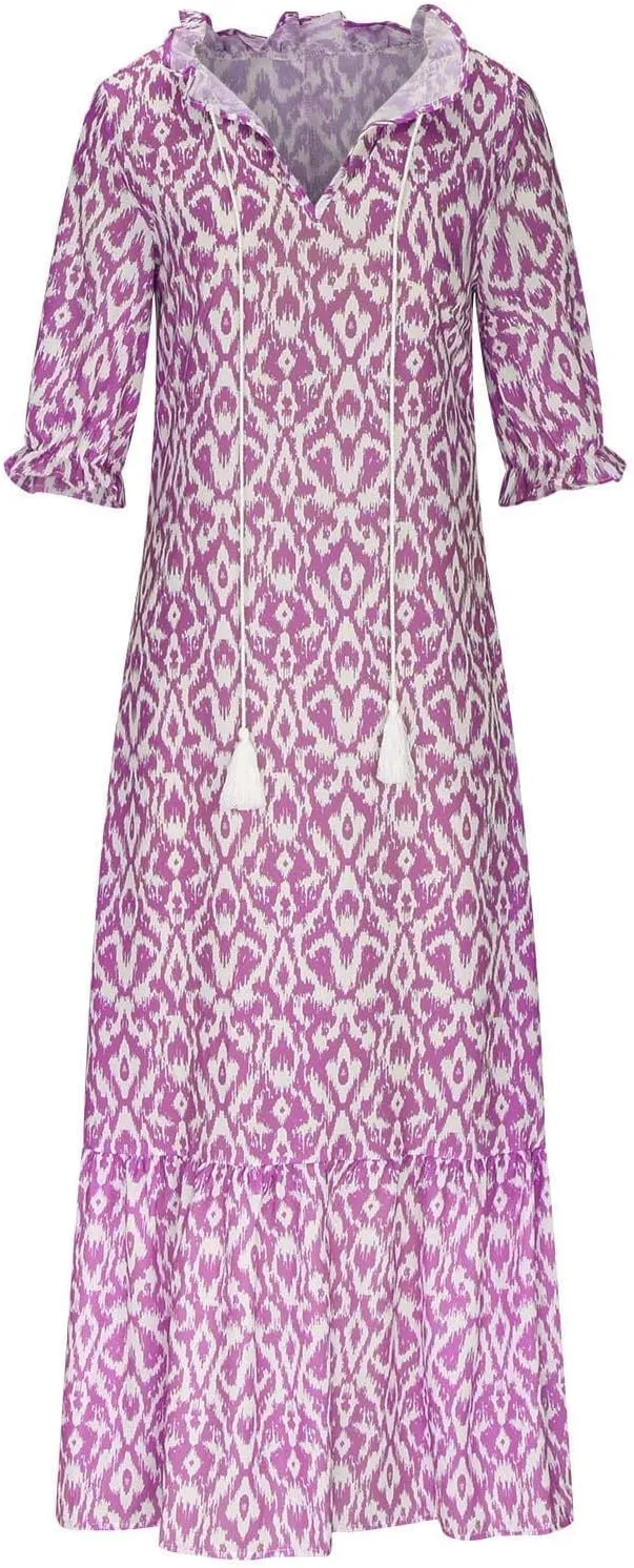 ZWRXW Women Boho Summer Dress Tassel V Neck Ruffle Flowy A-Line Maxi Dresses Short Sleeve Casual Long Dress Beach Vacation