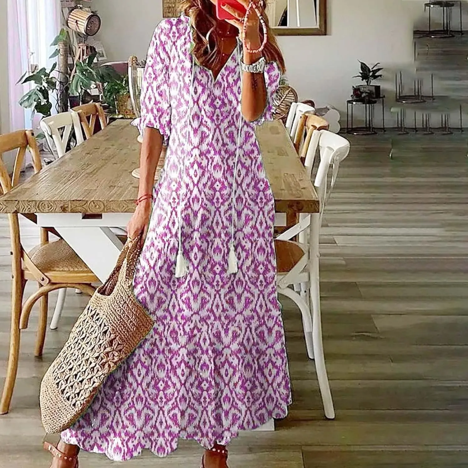 ZWRXW Women Boho Summer Dress Tassel V Neck Ruffle Flowy A-Line Maxi Dresses Short Sleeve Casual Long Dress Beach Vacation