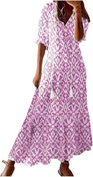 ZWRXW Women Boho Summer Dress Tassel V Neck Ruffle Flowy A-Line Maxi Dresses Short Sleeve Casual Long Dress Beach Vacation